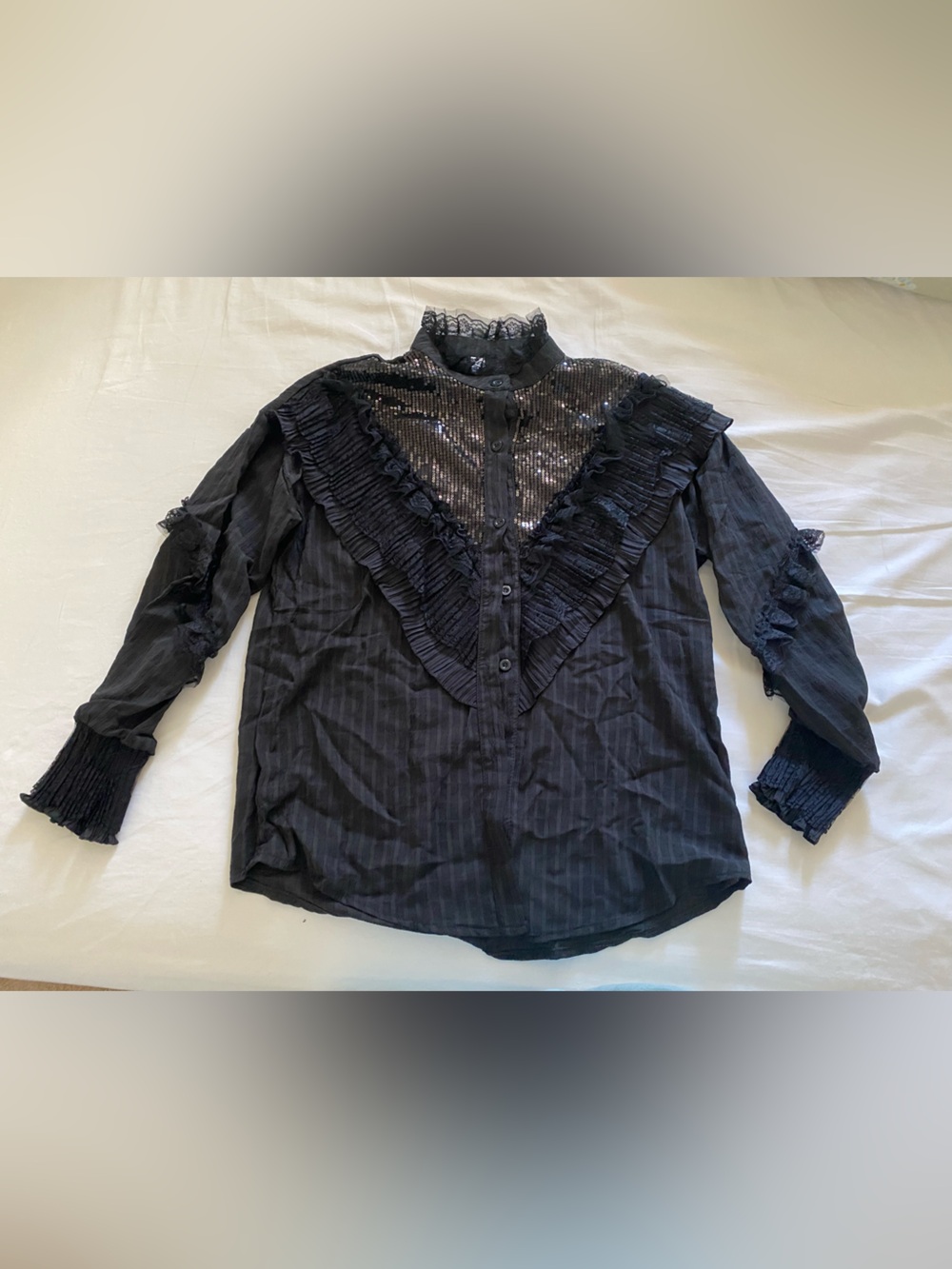 Black Ruffled Sequin Button-Up Blouse